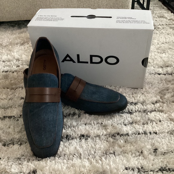 ALDO MEN SHOES SIZE 10 BLUE DENIM STYLING WITH BROWN LEATHER DETAIL - Picture 3 of 8
